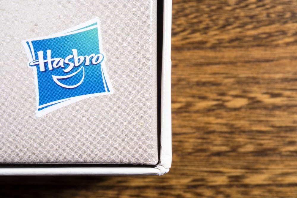 The Hasbro logo on the packaging of one of their board games jenga