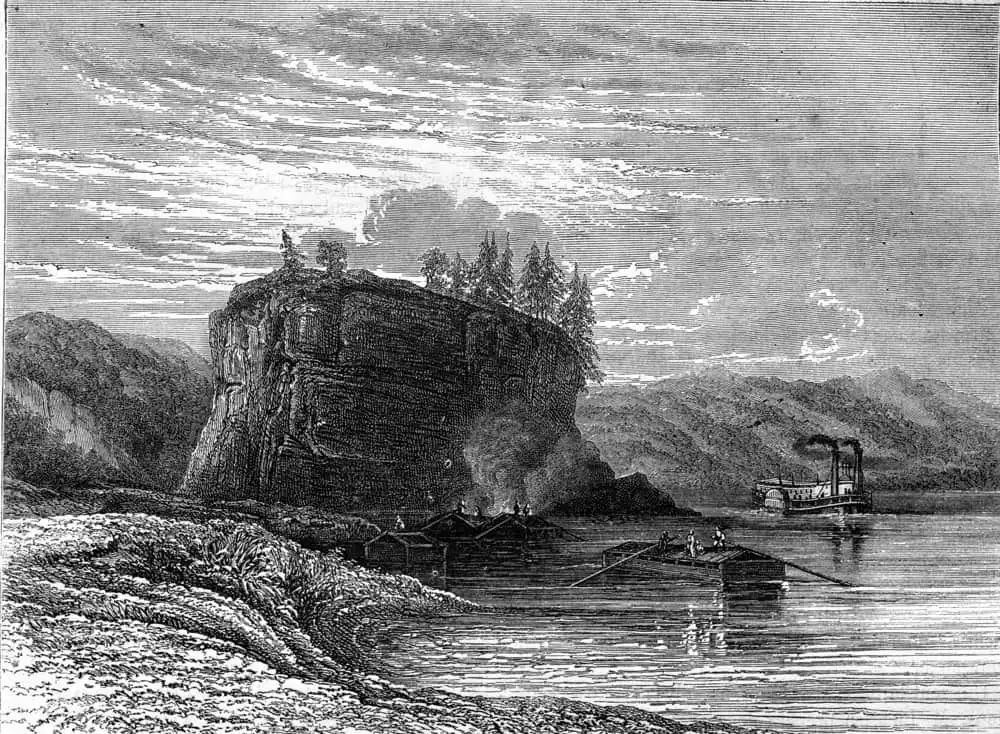 The Grand Tower or Tower Rock on the banks of the Mississippi