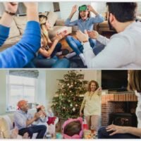Family and friends playing charades and heads up