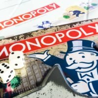 Monopoly Board Game close up with the box, board and dices