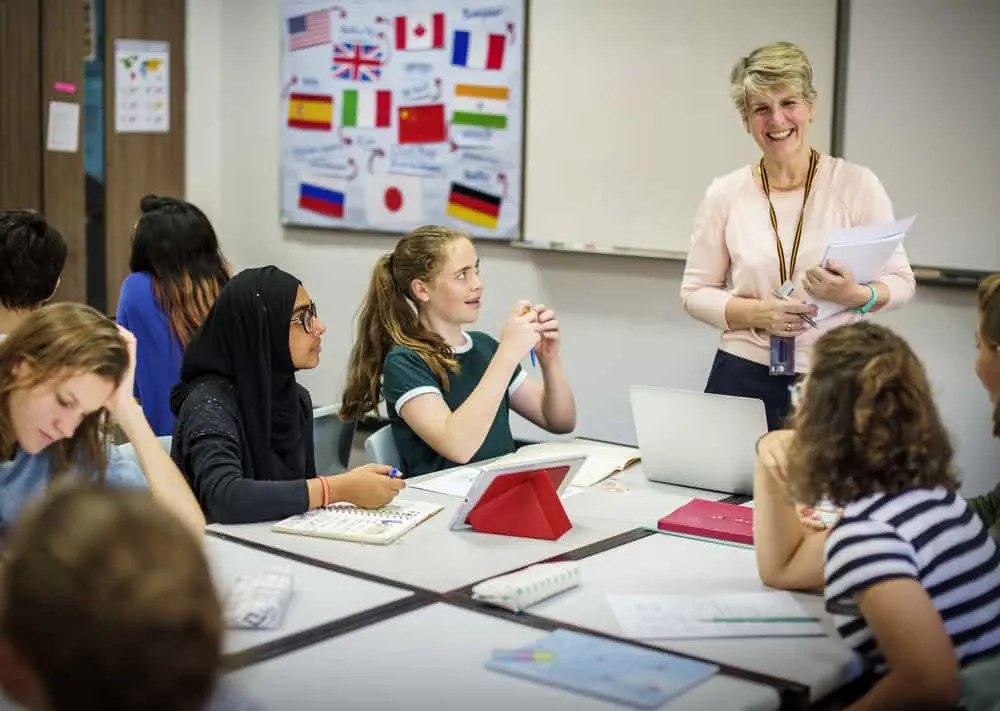 High school students studying foreign languages in class