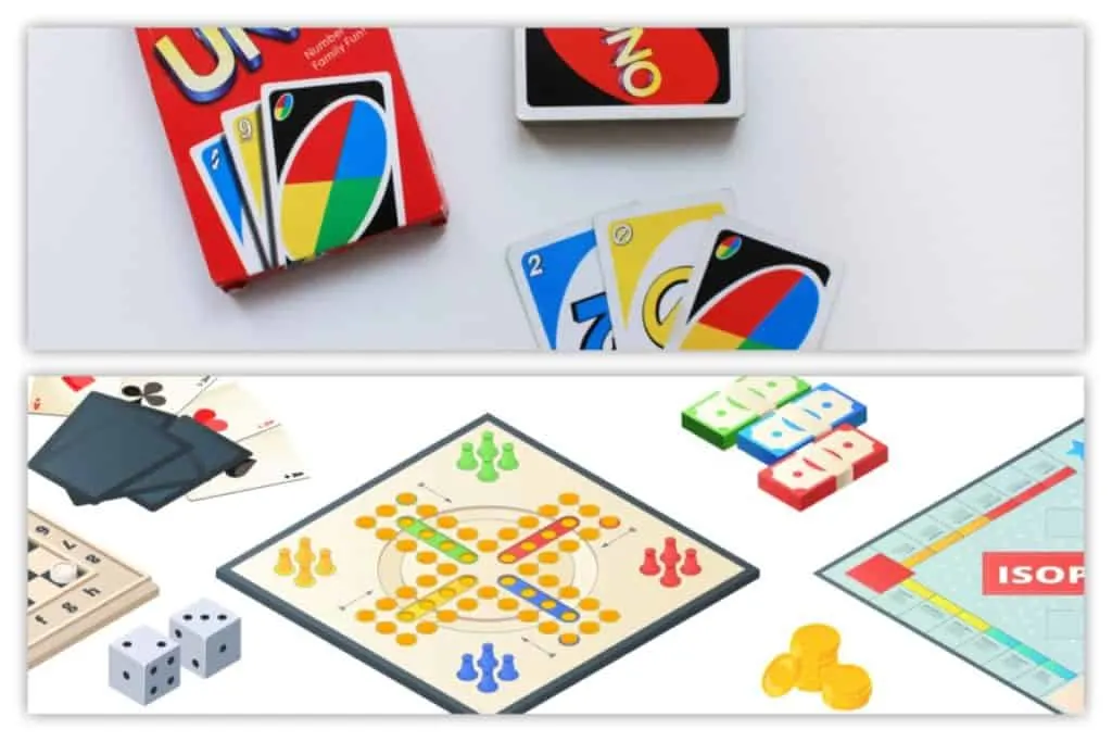 Uno cards and board games