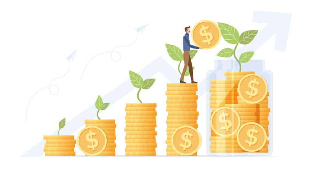 Man putting coins in jar on money, growing and saving money