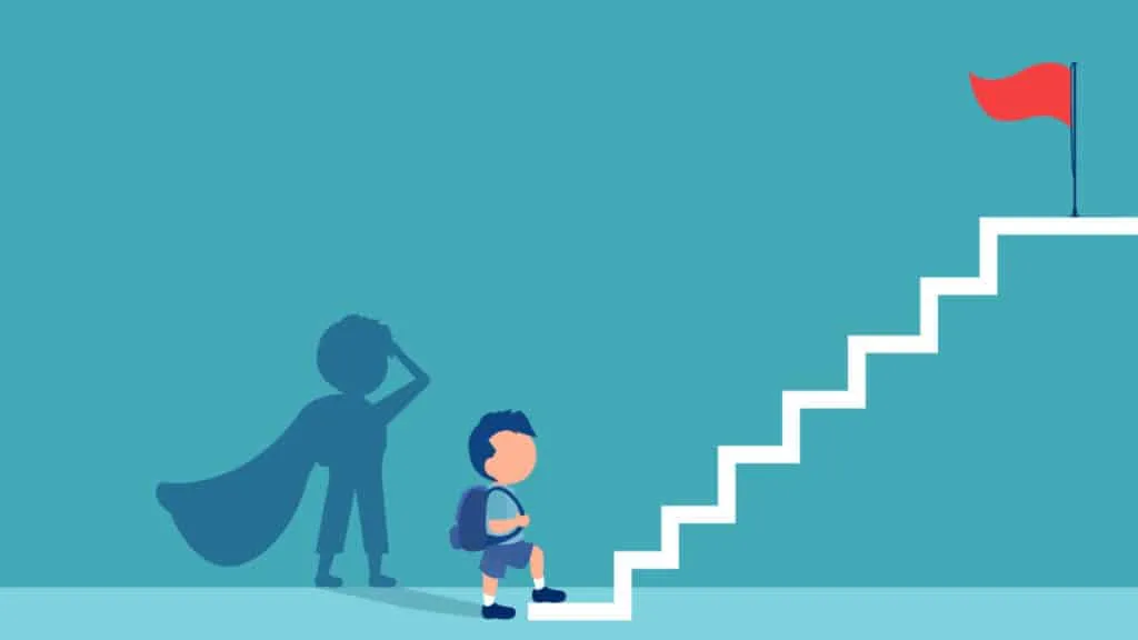 Vector of boy with a super hero shadow climbing up stairs to reach his goal