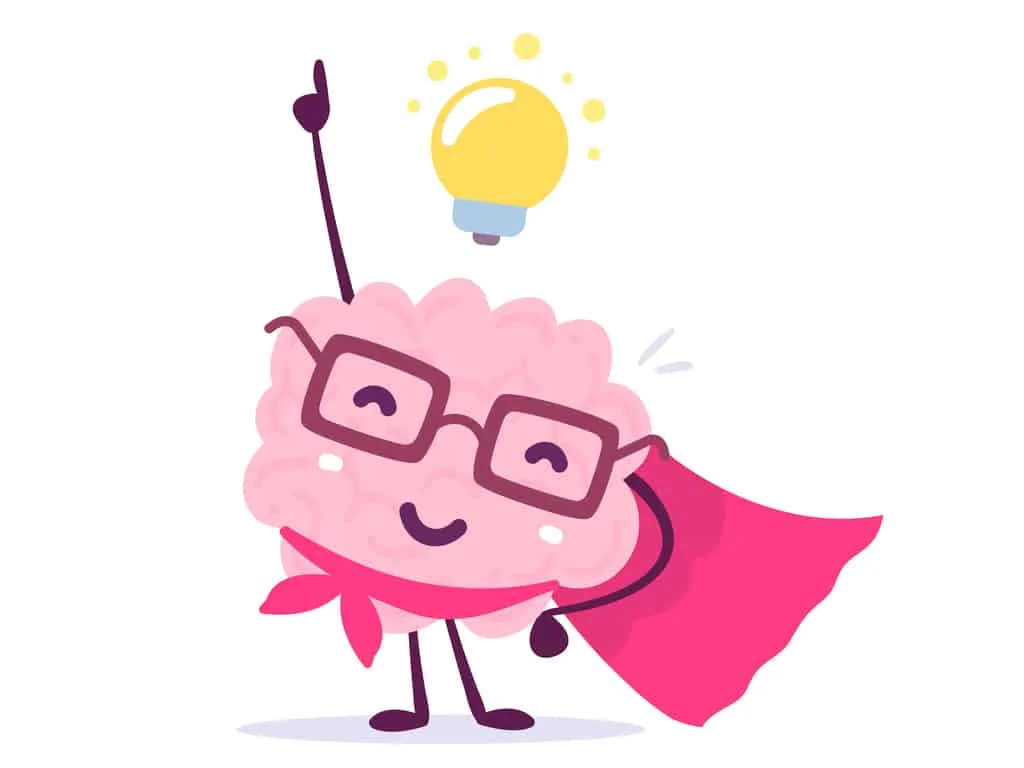 Illustration of pink color human brain with glasses as a super hero and light bulb on white background