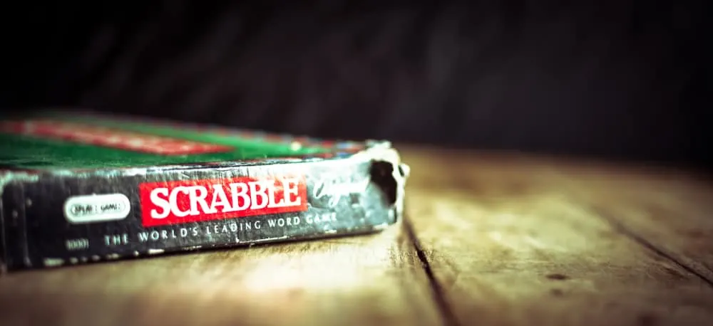 Scrabble Board Game | Old Scrabble Box on Vintage Wooden Table