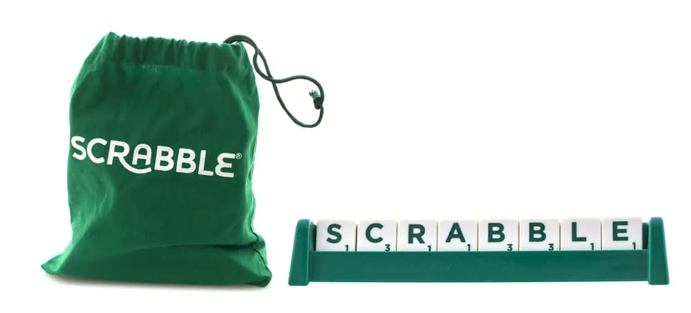 Scrabble Tile Bag with the word Scrabble on a White Background