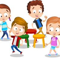 Cartoon happy children playing game musical chairs