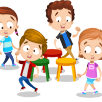 Cartoon happy children playing game musical chairs