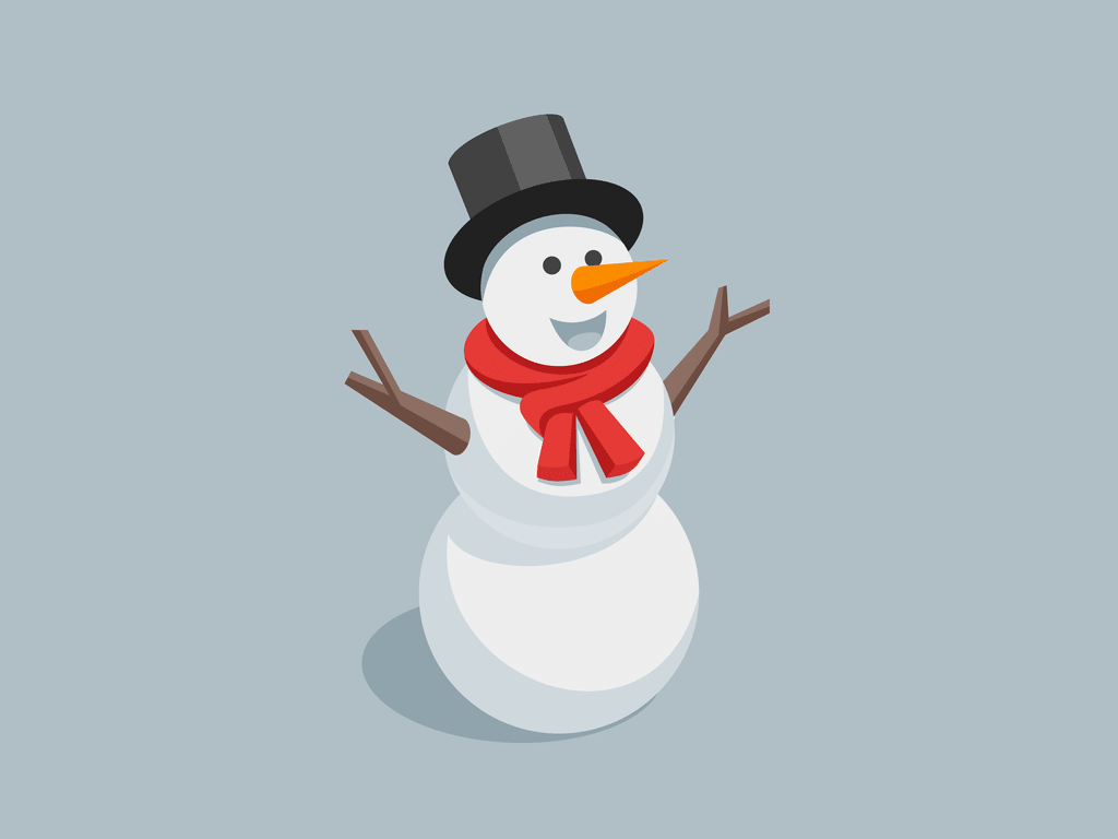 Happy Snowman in black hat and red scarf.