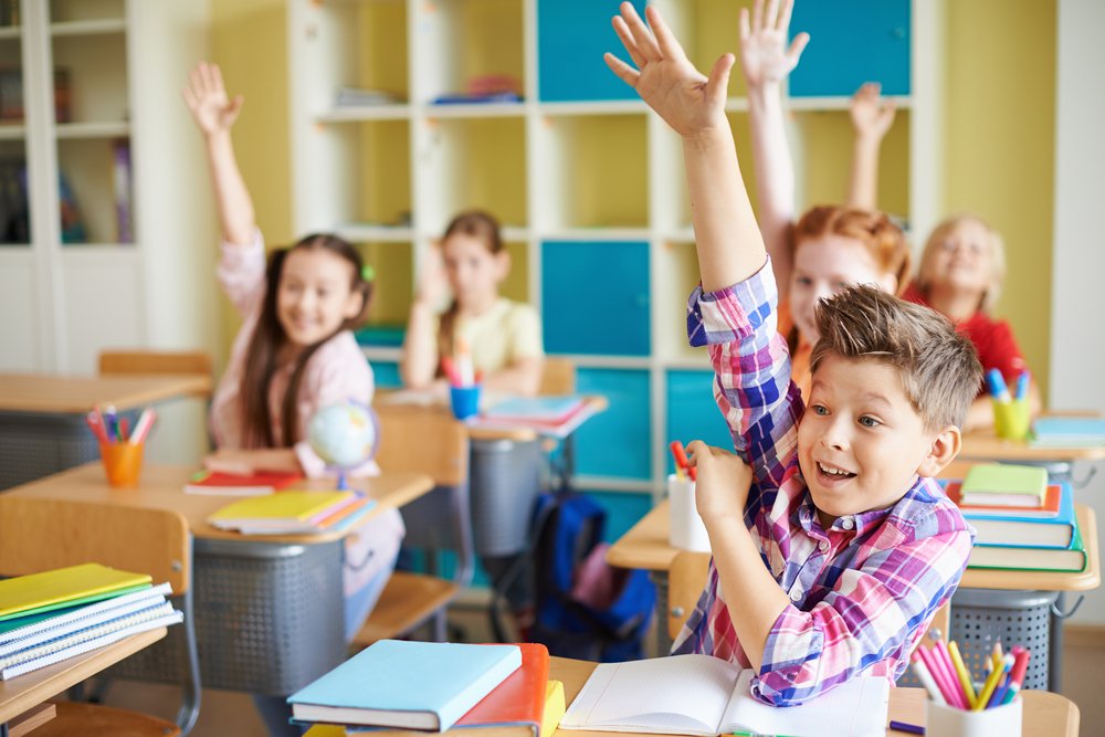 boy raising hand with his classmates behind